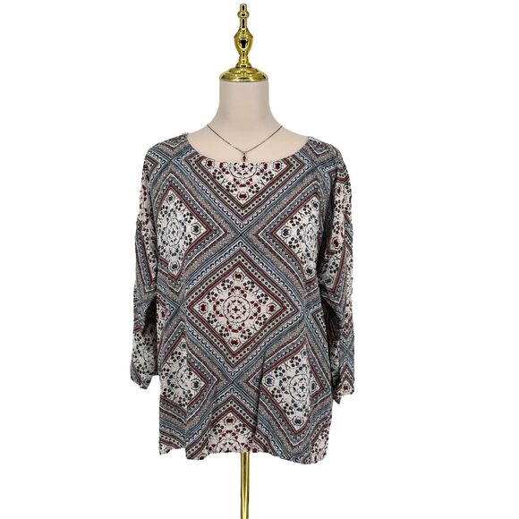 J. Jill Diamond Print Blouse Size LARGE 3/4 Sleeve Boat Neck Abalone Button Back - Picture 3 of 15